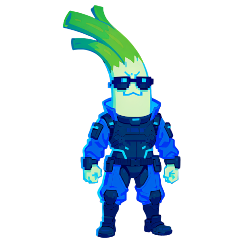 Burnie — the BURNIE token mascot, a leek in blue cyber armour